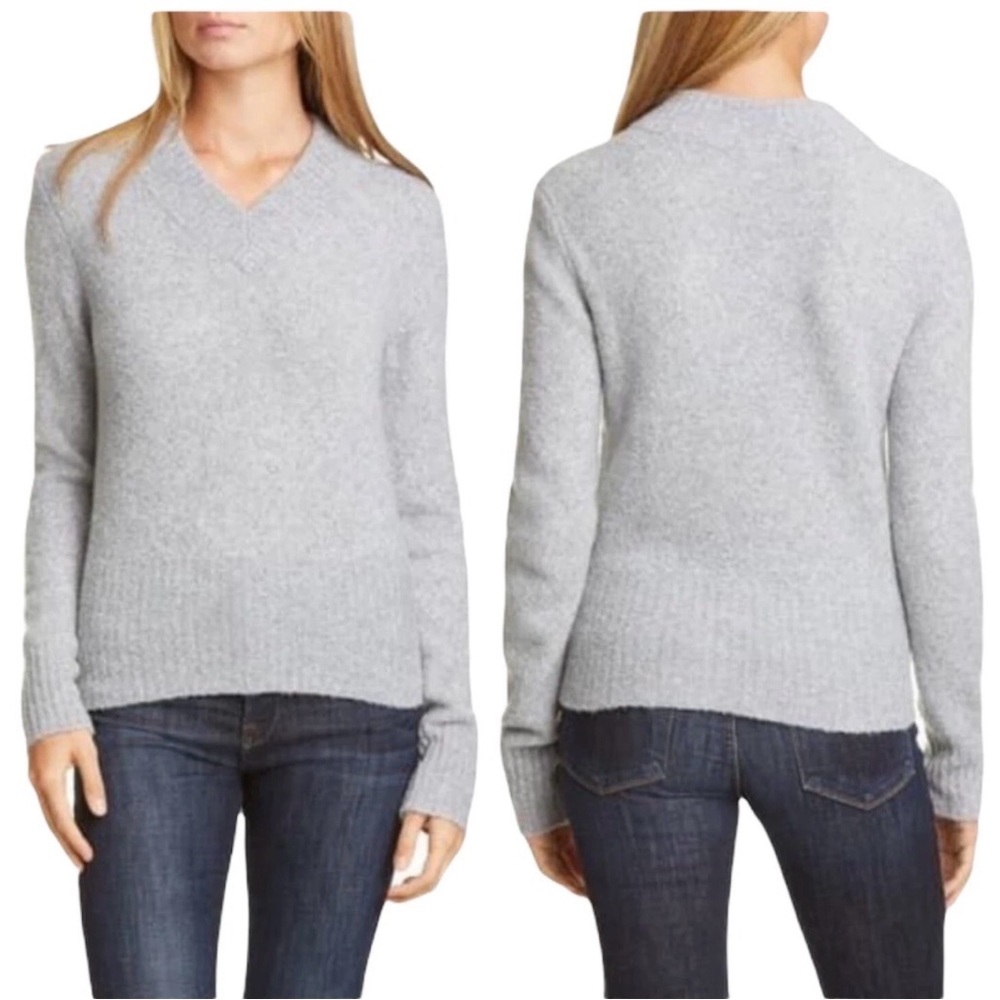 Lewit V Neck Merino Wool Cashmere Blend Boucle Sweater Gray Mink Heather